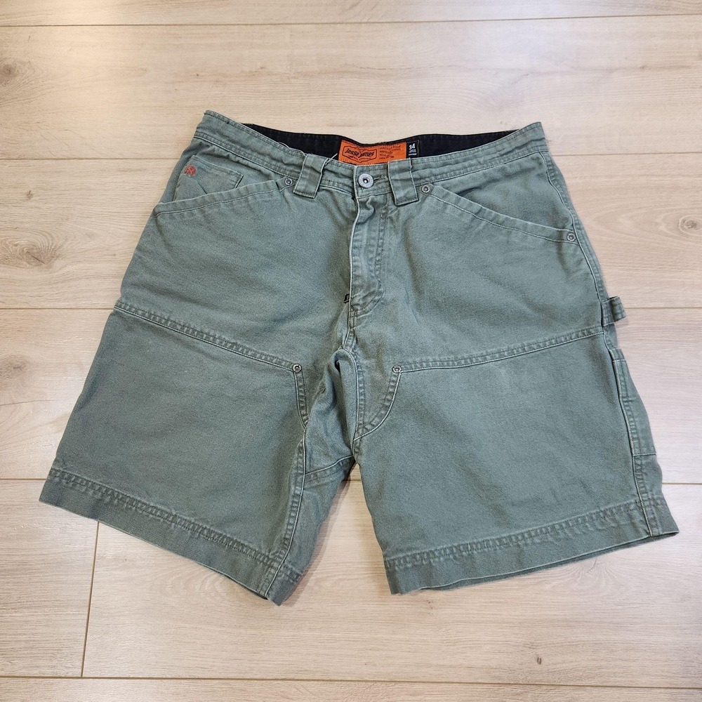 Jesse James Washed Duck Shorts Mens 34 10" Green Canvas Cargo Work Double Knee